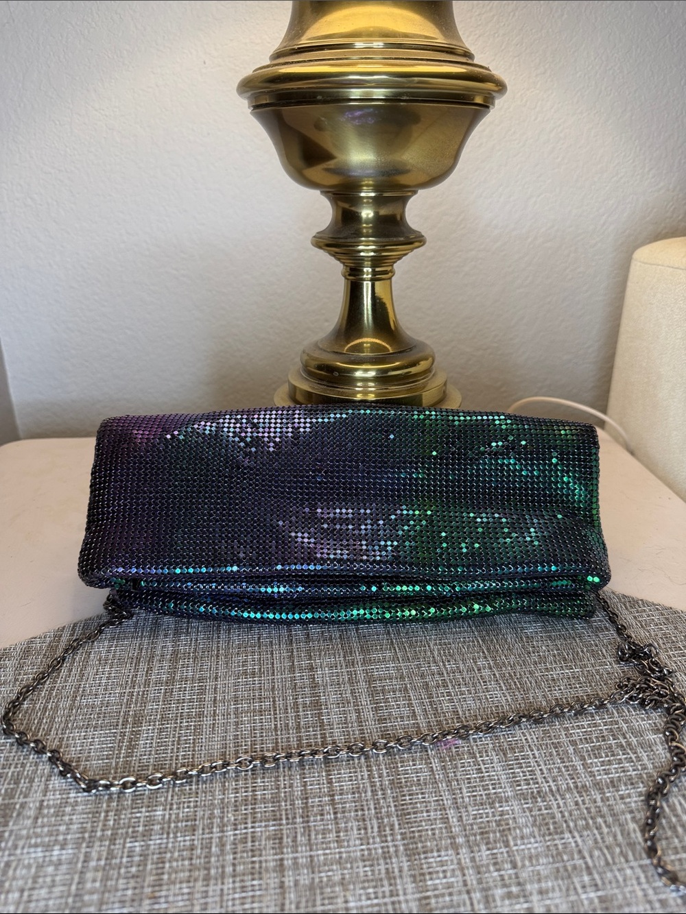 Iridescent Metal Mesh Fold-Over Clutch with Chain Strap